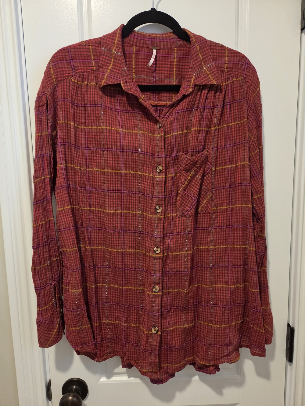 Free People Red Plaid Button-Down Shirt with Yellow Accents Medium